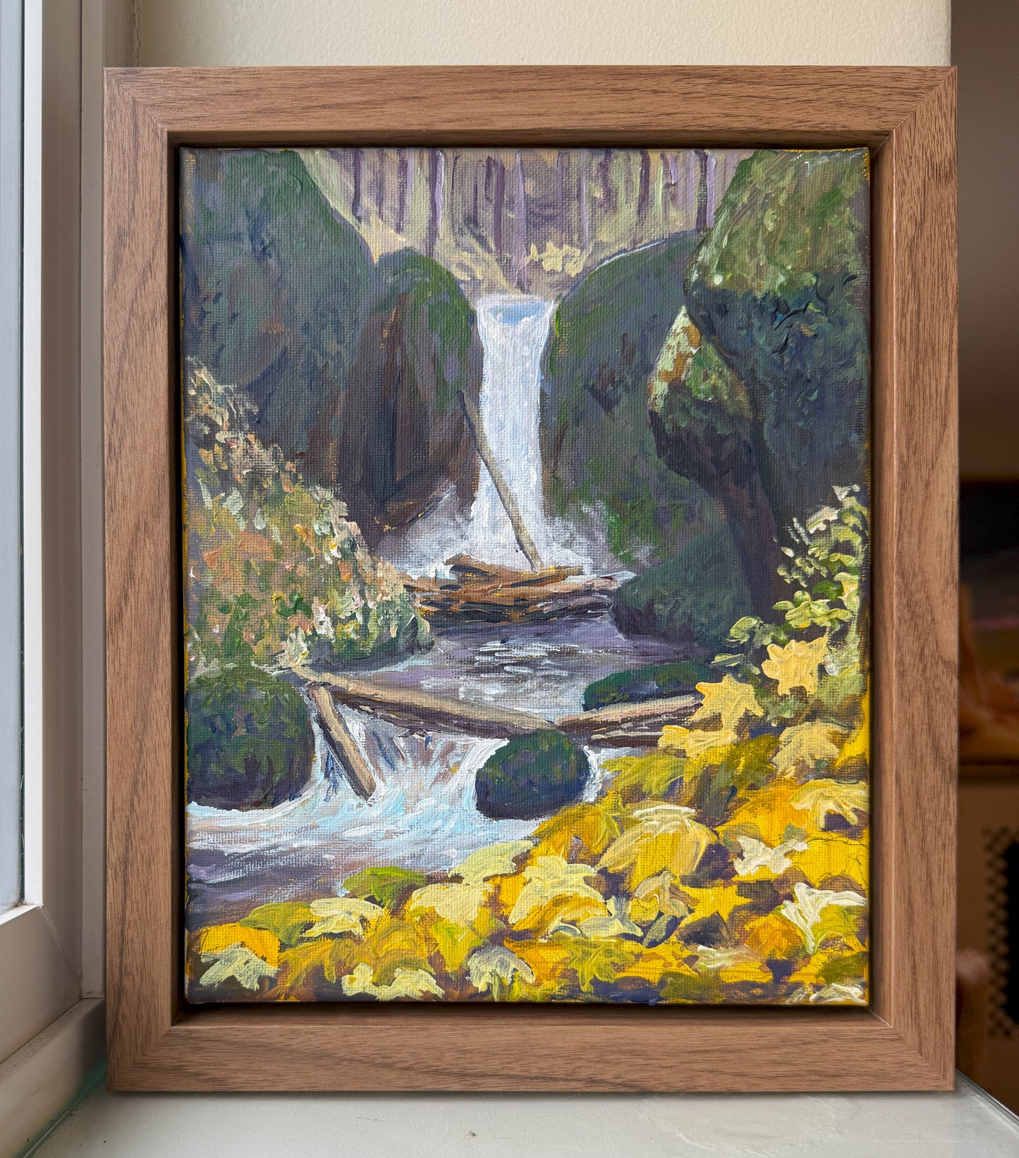 Columbia River Gorge Fall Waterfall Canvas in brown floater frame