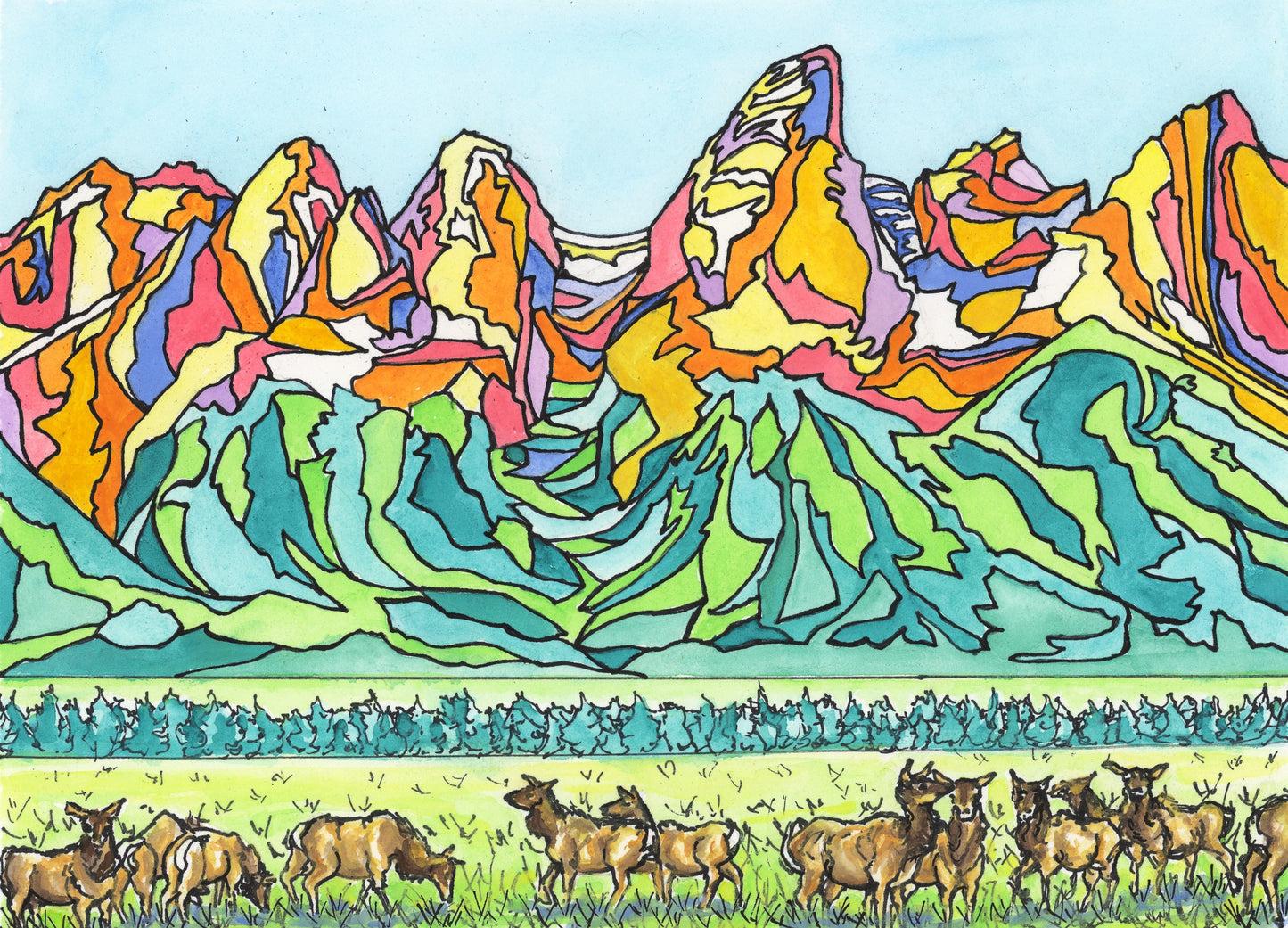 Grand Tetons with Elk Herd