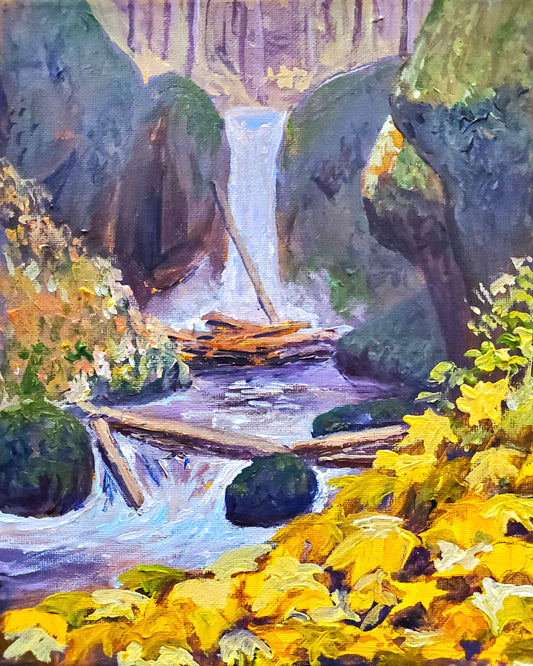 Columbia River Gorge Fall Waterfall Canvas in brown floater frame