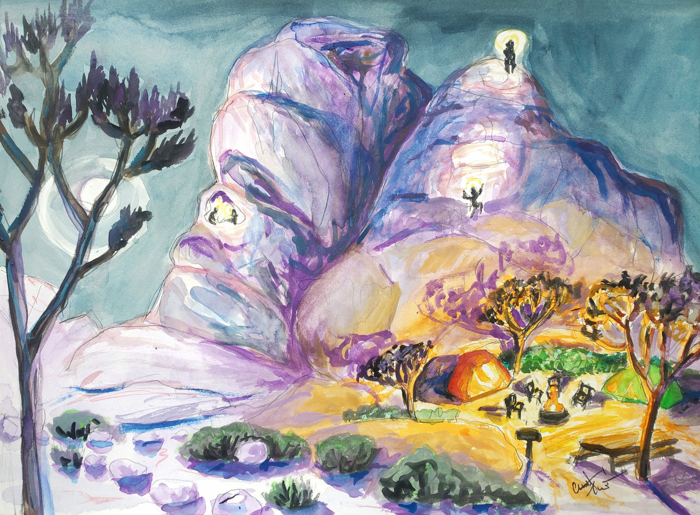 Joshua Tree Watercolor Hidden Valley Camping Scene